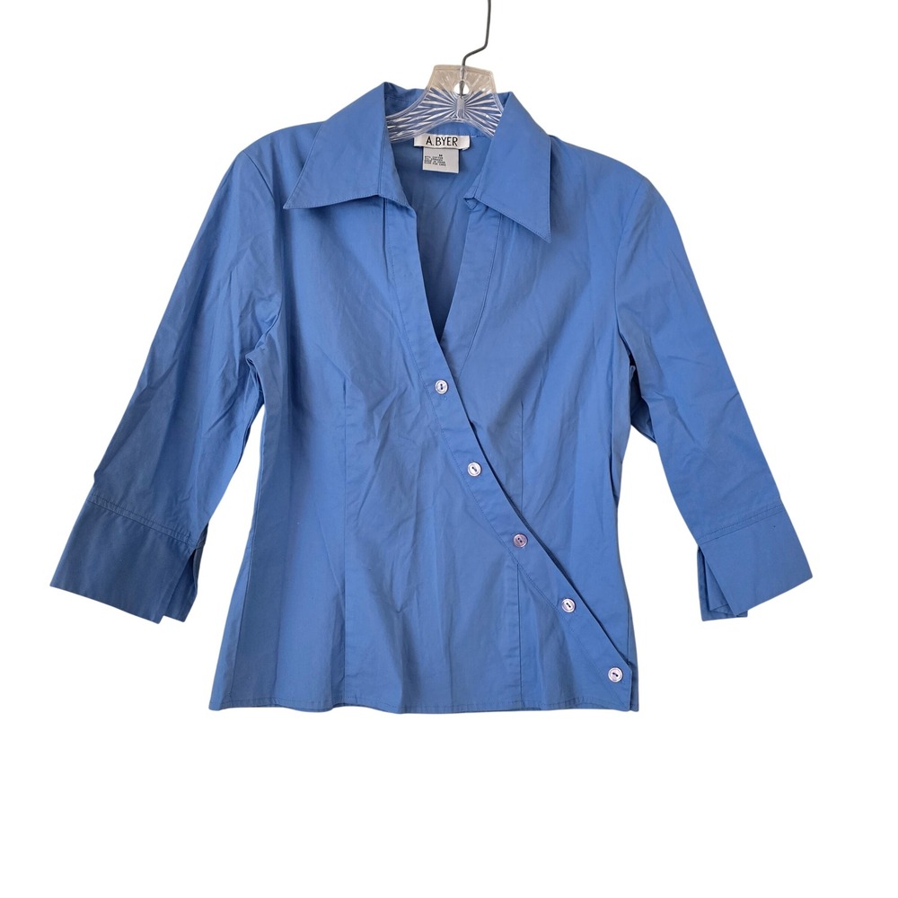 A. Byer Women Blue Asymmetrical Button 3/4 Sleeve Blouse Size M